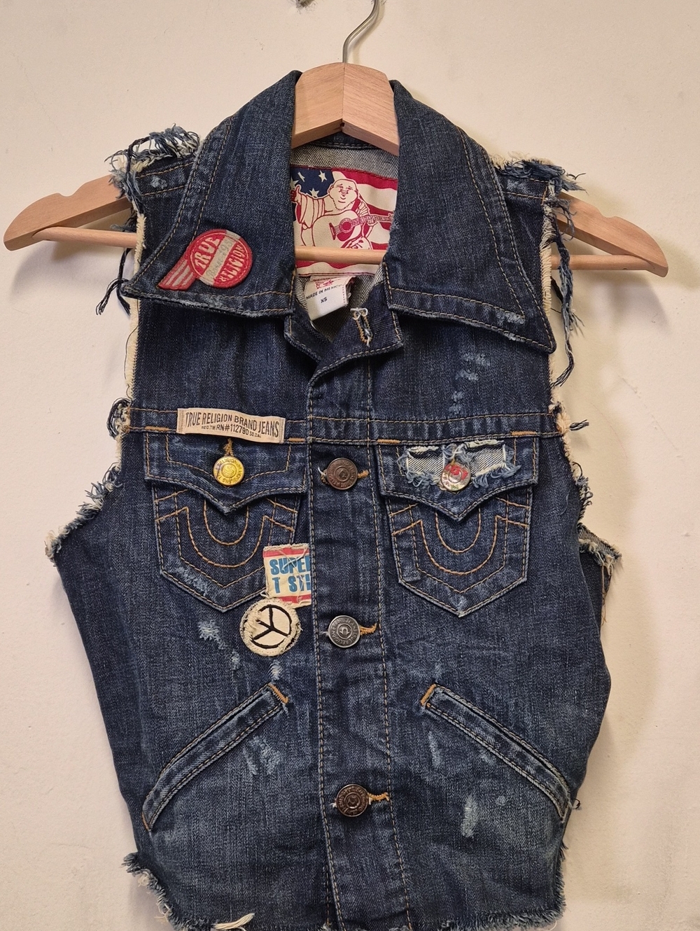 True Religion Dark Blue Distressed Denim Vest with Patch Accents Size XS